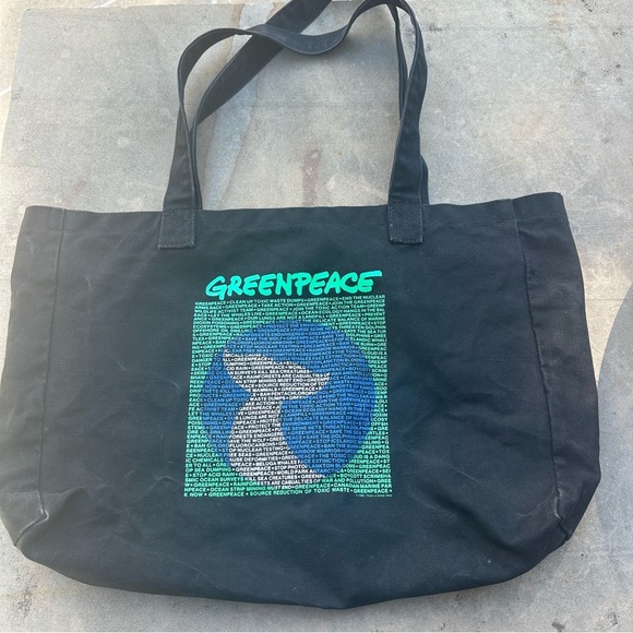 Vintage Greenpeace Whale Graphic Canvas Tote Bag 24x15 Black 90's RARE - Picture 1 of 8